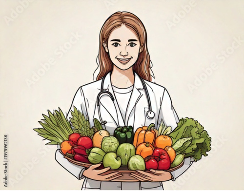 Healthy Woman Nutritionist Holding Basket Full of Fresh Fruits and Vegetables.