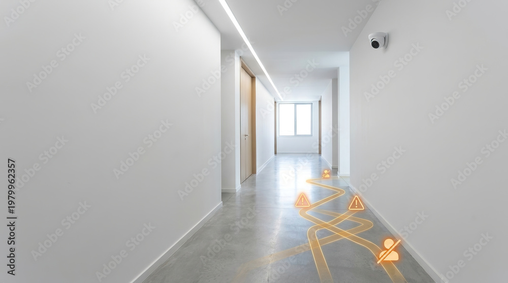 Fototapeta premium Security camera hallway surveillance indoor corridor modern warning icon motion sensor tracking line Smart building security camera monitoring modern indoor hallway corridor with warning icon