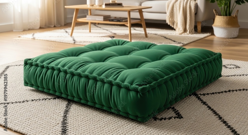 Fototapeta premium A plush emerald green velvet floor cushion with deep tufting and decorative stitching, resting on a patterned rug in a cozy room.