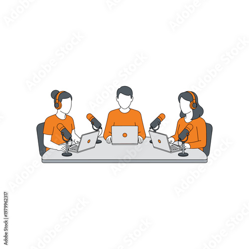 Three individuals engaged in a virtual podcast recording session together