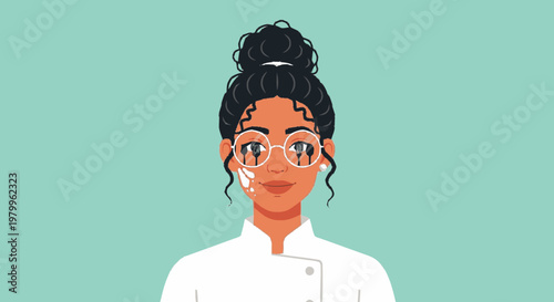 Woman with eyeglasses and cream elements on face and clothing style