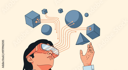 Person experiencing an immersive virtual reality world, interacting with abstract 3D geometric shapes and digital data flow, symbolizing future technology and metaverse exploration.