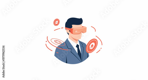 Professional man wearing VR glasses immersed in a virtual world, interacting with digital assets and blockchain. Metaverse business innovation.