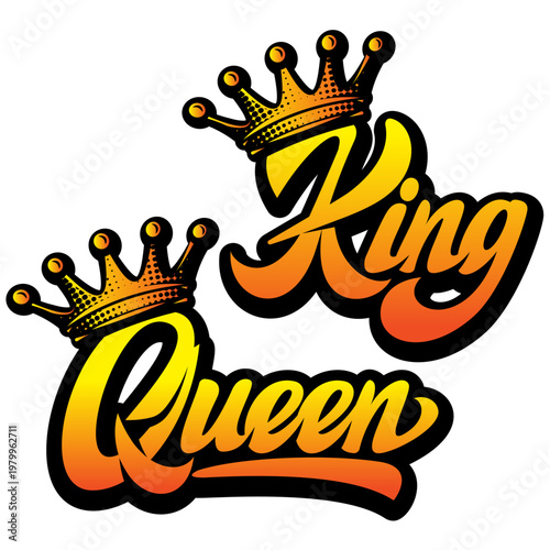 Golden crowns for King and Queen with elegant typography, symbolizing royalty, power, and authority.