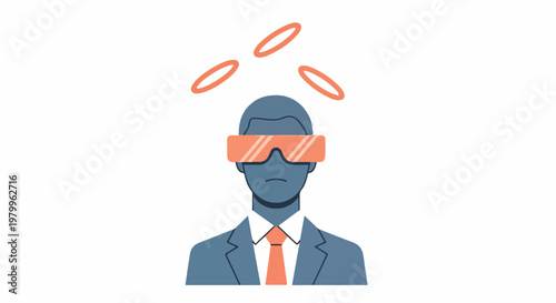 Man in business suit wearing VR headset juggling orange rings, concept of multitasking and virtual reality