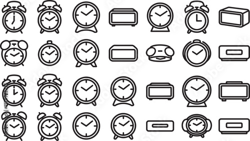 A collection of various clock designs is meticulously arranged in a monochromatic scheme, highlighting the design details and time-telling features of each.