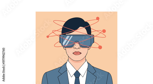 Man in suit wearing VR headset with abstract red lines and dots around his head, representing virtual reality or augmented reality experience.