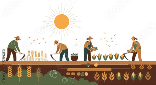 Farmers working in soil layers with plants growing and sun shining