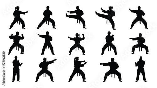 A collection of silhouetted figures demonstrating various martial arts stances and techniques arranged in a grid pattern high quality professional detailed