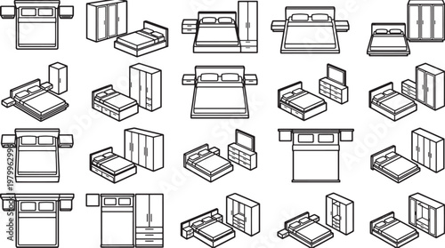 Line art illustration of a series of furniture, beds and wardrobes, showcased as design elements for interior concepts.