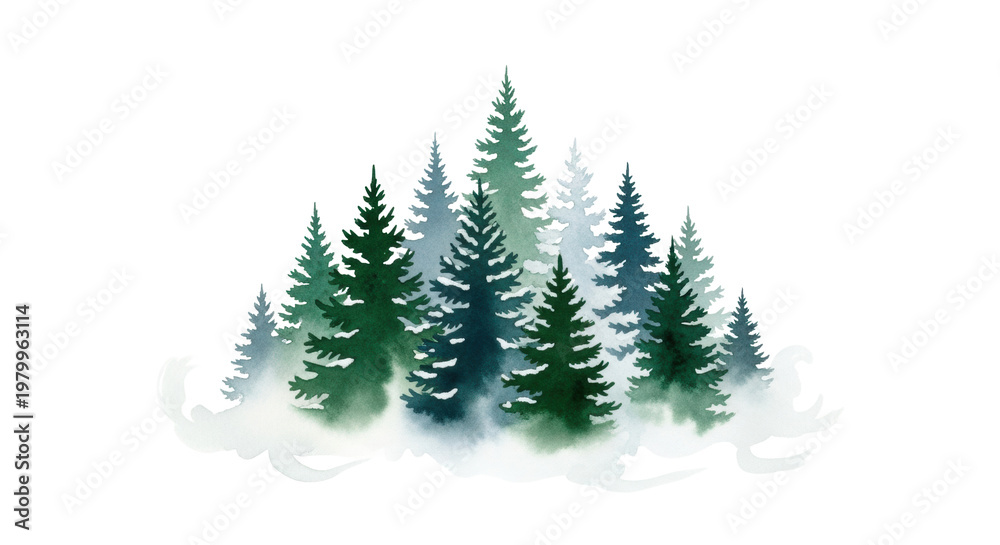 Obraz premium Artistic watercolor illustration of a serene pine and fir forest rendered in emerald and teal hues, featuring subtle snow and mist on a transparent background. Sophisticated winter holiday concept