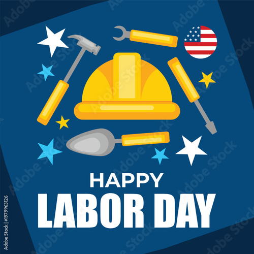 Happy labor day greeting card with construction tools and hard hat