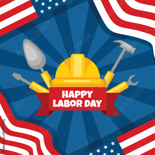 Happy labor day illustration with construction tools and american flag