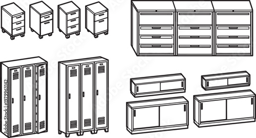 Office furniture assortment in a minimalist black and white design. This collection includes a diverse range of furniture pieces, from compact drawer cabinets to expansive storage cabinets.