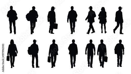 A collection of black silhouettes depicts diverse people walking carrying bags and briefcases representing urban movement high quality professional detailed modern