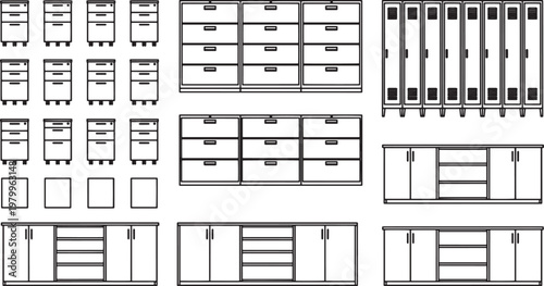 A collection of various cabinet designs. Showcasing a range of storage solutions, from modular filing to sleek drawers and cabinets.