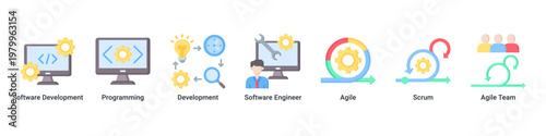 Agile Development devops banner with programming,software engineering and scrum workflow icons for modern development process