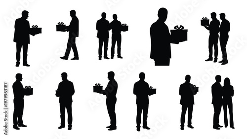 A collection of silhouette figures depicting men gifting presents in various poses suggesting celebration and generosity high quality professional detailed modern