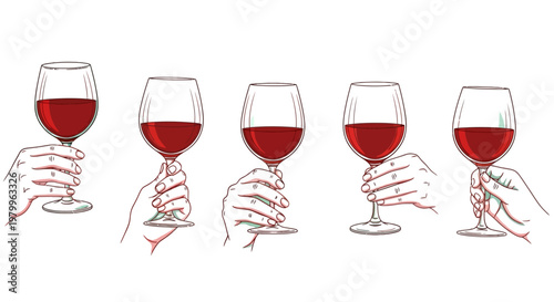 Hand holding red wine glass vector set, collection of human hands gripping wine glasses with red liquid, isolated line art illustrations