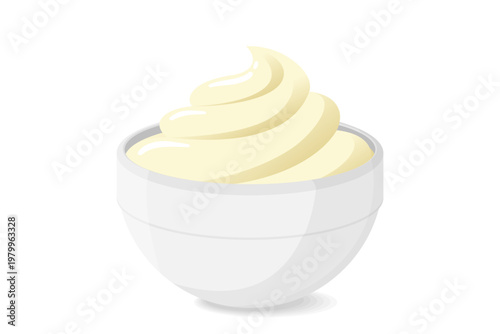 Realistic mayonnaise bowl. 3d white cream sauce with gourmet dressing texture. Vector yogurt splash illustration for salad condiment ads, mayo labels and cooking posters. Isolated top side view.