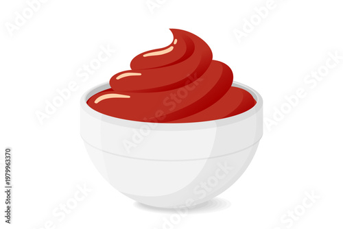 Tomato ketchup dip. 3d realistic red sauce in small ramekin bowl with juicy spill texture. Vector tomato condiment icon for bbq meat menus, pasta dish mockups and fast food cafe ads.
