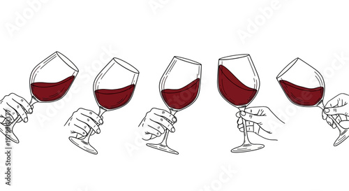 Minimalist line art hands holding red wine glasses, elegant wine tasting collection vector, set of 5 wine glass illustrations for restaurant menu