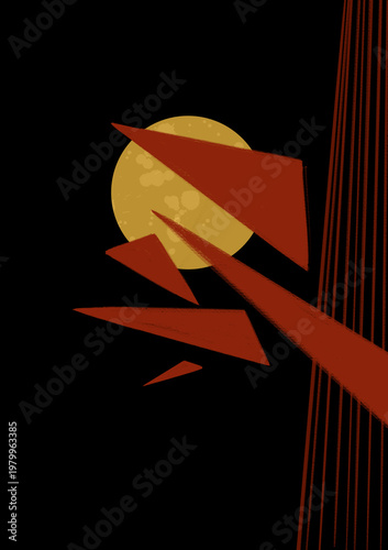 moon in tree branches, abstract illustration on black background