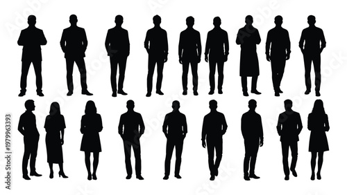 A collection of black silhouettes depicting diverse groups of people including men and women standing together high quality professional detailed modern