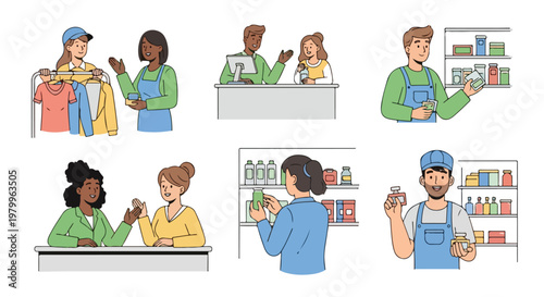Diverse people interacting and shopping at retail store counters and shelves