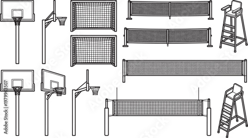 Sports equipment in grayscale, capturing various sports elements, ideal for design elements.