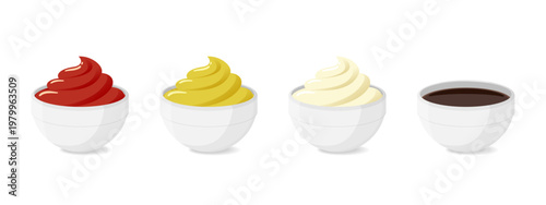 Condiment sauce set. Realistic 3d bowls with mayonnaise, ketchup, mustard and soy sauce. Vector dressing collection with spicy tomato, creamy mayo and asian soya dips for restaurant menu mockups.