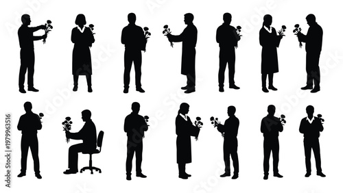 A collection of silhouetted figures mostly men and women each holding a single rose or flower representing courtship high quality professional