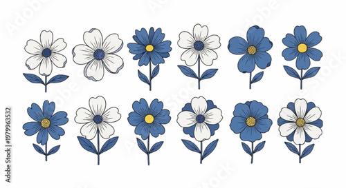 Vintage hand drawn blue and white flowers, set of 12 floral vector elements, rustic botanical illustrations for wedding invitations and stationery