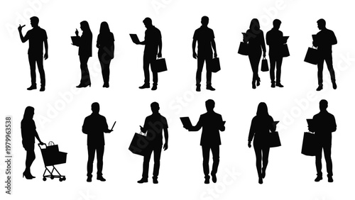A collection of black silhouette figures depicting people shopping walking and carrying bags in various poses high quality professional detailed modern