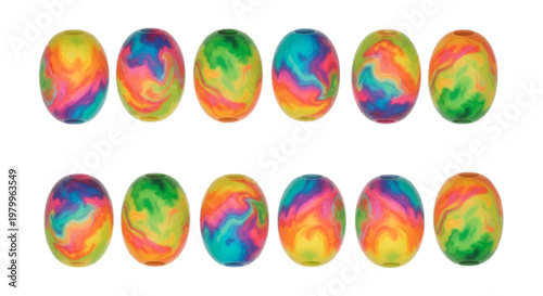 Psychedelic tie dye easter eggs set, 12 colorful marble texture egg icons, vibrant rainbow swirl spring holiday elements for festive design