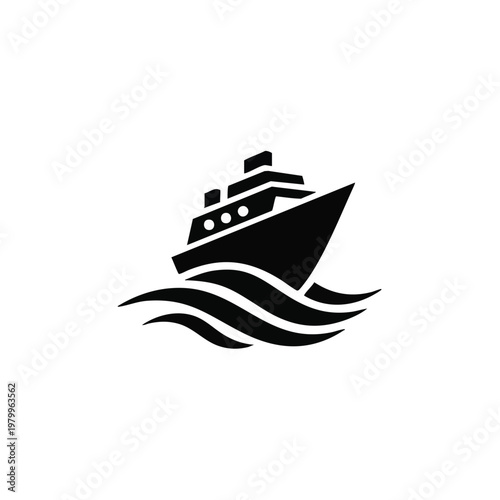 Cruise ship, ocean liner, wave icon, black silhouette, navigation symbol