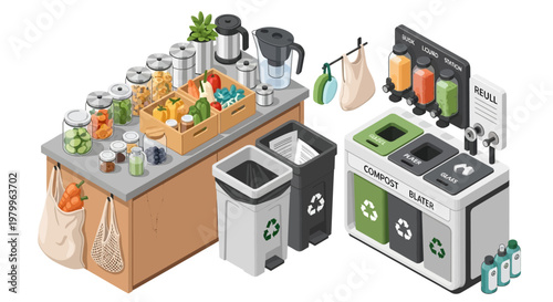 Isometric illustration of a zero-waste store setup with bulk food, reusable containers, recycling bins, and liquid dispensers promoting sustainable living practices.