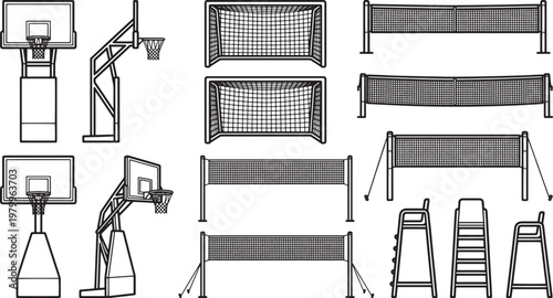 Diverse collection of detailed, illustrative outlines of sports equipment, showcasing the essential gear for a range of athletic activities.