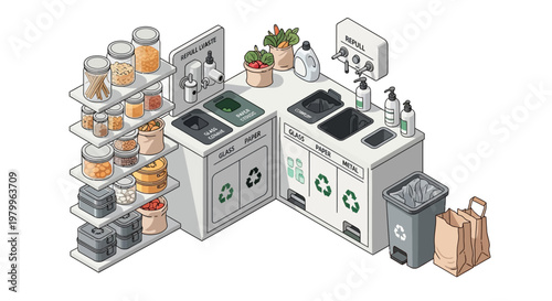 Isometric illustration of a modern zero-waste and recycling station with bulk dispensers, storage shelves, and labeled bins for sustainable living.