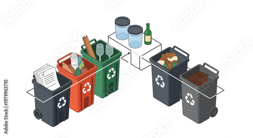 An isometric illustration showing various recycling bins and waste containers for sorting different types of household refuse like paper, plastic, glass, organic, and general waste.