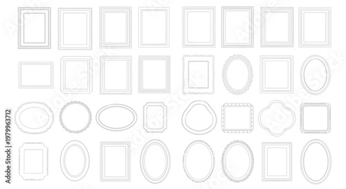 Minimalist white picture frame set, collection of 32 blank photo frames in various shapes, clean gallery wall mockup elements for interior design
