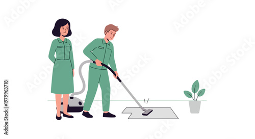 Couple cleaning floor with vacuum cleaner in modern home interior