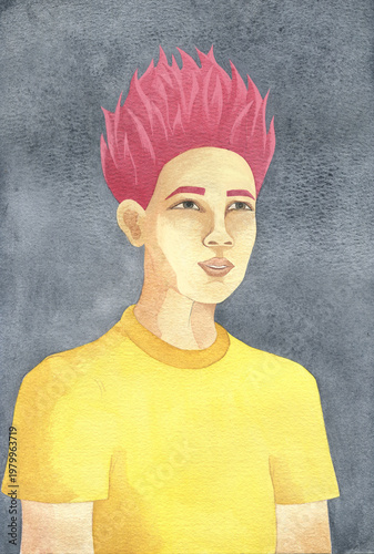 Asian teen boy with red hair, watercolor art