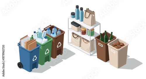 Illustration of various recycling bins and organized storage for different types of waste like plastic, paper, glass, and organic materials in a home setting.
