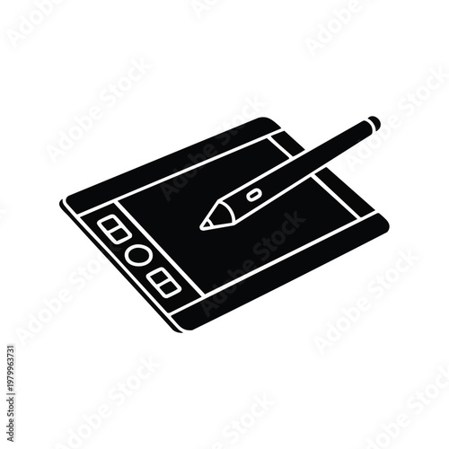Graphic tablet icon, digital drawing tool, stylus pen, vector illustration