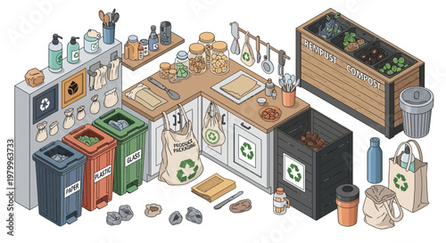 Isometric illustration of a sustainable and eco-friendly kitchen with recycling bins, composting solutions, and reusable household items.
