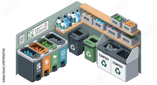Isometric illustration of a comprehensive recycling station with multiple bins for waste separation and storage shelves in a utility room setting.