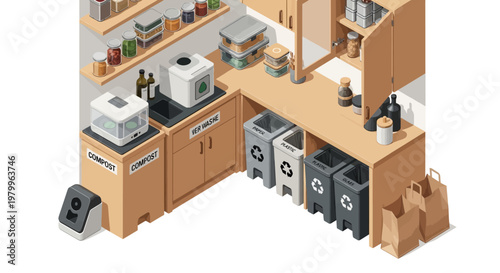 Isometric illustration of a modern eco-friendly kitchen corner with dedicated bins for recycling, composting, and food waste management, promoting sustainable living practices.