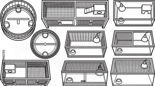 An extensive top-down view of a collection of reptile cages, rendered in a detailed, and precise style.