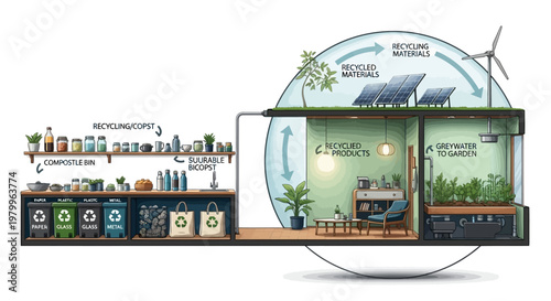 A detailed illustration of a sustainable home with recycling systems, solar panels, a wind turbine, and an indoor garden.
